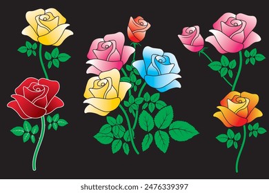 Set of Red and pink rose with green leaf Isolated on black background. Rose flower vector, icon set on black background. Rose day and valentine greeting card. Vector illustration.