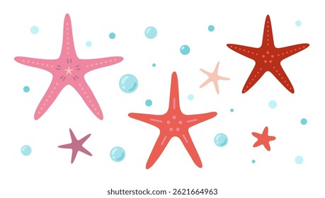 Set of red and pink starfish with bubbles in underwater scene. Simple marine design. Trendy modern vector illustration isolated on white background, hand drawn, flat design