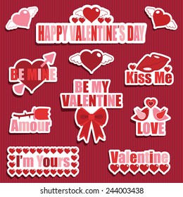 set of red and pink valentine text stickers with shadows