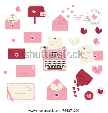 Set of red, pink, vanilla envelopes with hearts, typewriter, letters,stamp, mailbox all hand drawn object of Valentine's day concept. Vector illustration. 