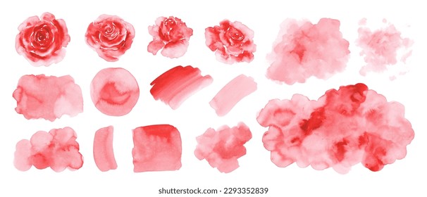 Set of red, pink watercolor design elemnts, backgrounds, textures, spots. Hand painted roses. 