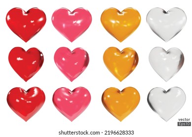 Set of Red, pink, yellow, clear glass hearts 3D vector collection isolated on white background. Symbol of Love and Valentine's Day. Metal Heart shape icon 3D for design card. 3D vector illustration.