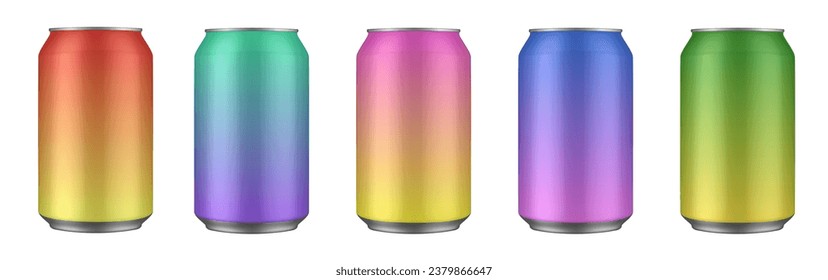 Set of red, pink, yellow, green, blue and purple tin cans of energy drink, juice or soda. Cocktail or fitness drink. Cold beverages. Gradient colors	