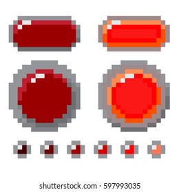 Set Of Red Pixel Button Design. Vector Shapes Isolated On White Background. Realistic Shade Colors. Pressed, Not Pressed. Vector EPS 10