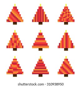 Set red pixel Christmas trees in vector