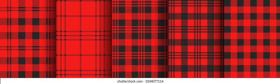 Set of red plaid and gingham seamless patterns. Vector backgrounds