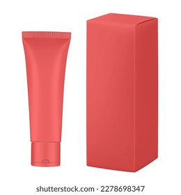 Set of red plastic tube and box. Realistic mockup. Ointment or salve. Gel serum. Korean packaging. Blank cardboard package	