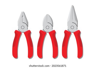 Set of red pliers tool isolated on white background vector illustration.