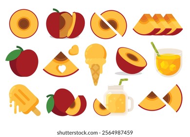 Set of red Plum, Farm fresh Plum product emblem for grocery shop, collection of ice cream, Juice jar, glass of juice, ice cream cone and stick, simple flat vector illustration of fruits.