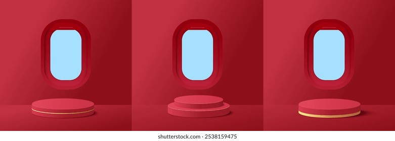 Set of red podium for product display presentation with airplane windows on red background. Merry Christmas background