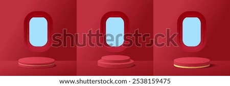 Set of red podium for product display presentation with airplane windows on red background. Merry Christmas background