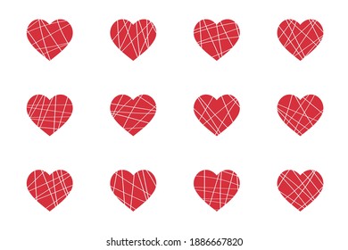 Set of red polygonal hearts, romantic decoration for Valentine's Day. Symbols of love, relationships and romance for the holiday on February 14. Isolated. Vector illustration.