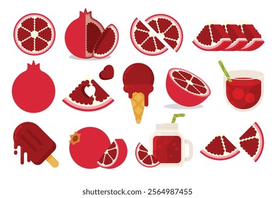 Set of red Pomegranate, Farm fresh product emblem for grocery shop, collection of ice cream, Juice jar, glass of juice, ice cream cone and stick, simple flat vector illustration of fruits.