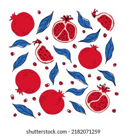 Set of red pomegranates, half pomegranate and blue leaf. Hand drawn pomegranates and leaves isolated on white background. Fabric, drawing labels, print, wallpaper of children's room, fruit isolated