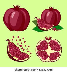 Set of red pomegranates on a green background. Vector illustration.