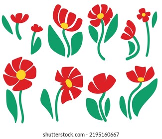 set of red poppy flowers on a white background. Vector illustration