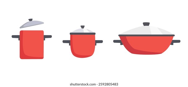 set red pots a cooking on white background