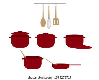 Set of Red Pots, Pans and Brown Kitchen Utensils on White Background
