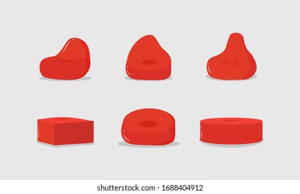 Set of red poufs, icon soft furniture, comfortable fluffy chair. Red pillow in a round shape, a bag stuffed with fabric on the floor, home interior. Vector illustration, EPS 10. 