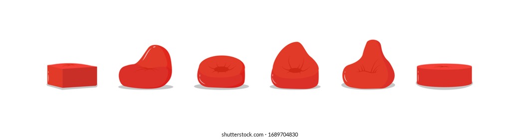 Set of red poufs, icon soft furniture, comfortable fluffy chair. Red pillow in a round shape, a bag stuffed with fabric on the floor, home interior. Vector illustration, EPS 10. 