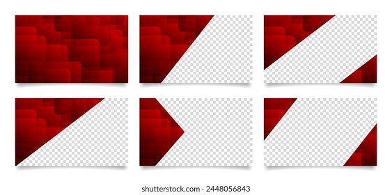 Set of red presentation slides. Abstract business card templates with transparent space. Background with trendy geometric pattern, rounded squares, gradient shades