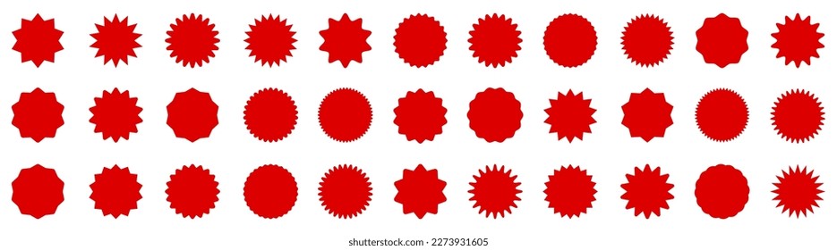 Set of red price sticker, sale or discount sticker, sunburst badges icon. Stars shape with different number of rays. Special offer price tag. Red starburst promotional badge shopping labels -vector