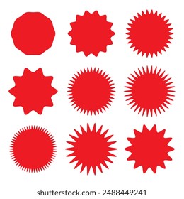 Set of red price sticker, sale or discount sticker, sunburst badges icon. Stars shape with different number of rays. Special offer price tag. Red starburst promotional badge set.