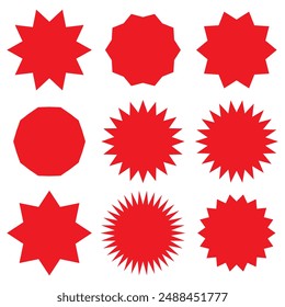 Set of red price sticker, sale or discount sticker, starburst badges icon. Stars shape with different number of rays. Special offer price tag. Red starburst promotional badge set.