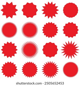 Set of red price sticker, sale or discount sticker, sunburst badges icon. Stars shape with different number of rays. Special offer price tag. Red starburst promotional badge set, shopping labels. 