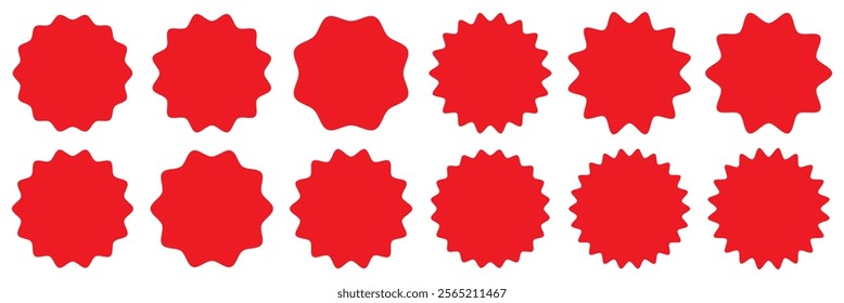 Set of Red price sticker, sale or discount sticker, sunburst badges icon. Stars shape with different number of rays. Special offer price tag. Red starburst promotional badge set. 