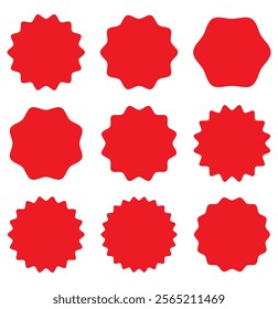 Set of Red price sticker, sale or discount sticker, sunburst badges icon. Stars shape with different number of rays. Special offer price tag. Red starburst promotional badge set. 