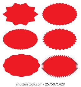 Set of red price sticker, sale or discount sticker, sunburst badges icon. Stars shape with different number of rays. Special offer price tag. Red starburst promotional badge set, shopping labels eps10