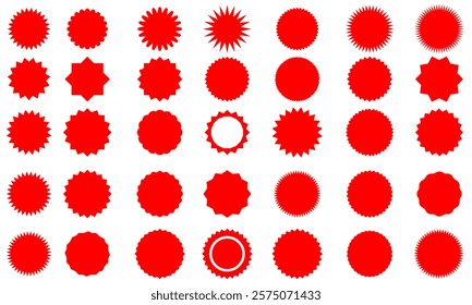 Set of red price sticker, sale or discount sticker, sunburst badges icon. Stars shape with different number of rays. Special offer price tag. Red starburst promotional badge set, shopping labels eps10