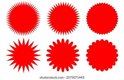 Set of red price sticker, sale or discount sticker, sunburst badges icon. Stars shape with different number of rays. Special offer price tag. Red starburst promotional badge set, shopping labels eps10