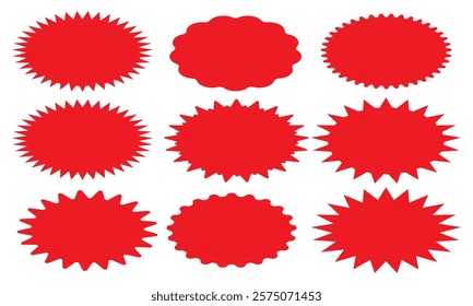 Set of red price sticker, sale or discount sticker, sunburst badges icon. Stars shape with different number of rays. Special offer price tag. Red starburst promotional badge set, shopping labels eps10