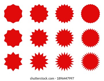 Set of red price sticker, sunburst badges icon. Stars shape with different number of rays. Red starburst speech bubble set, labels, stickers - stock vector