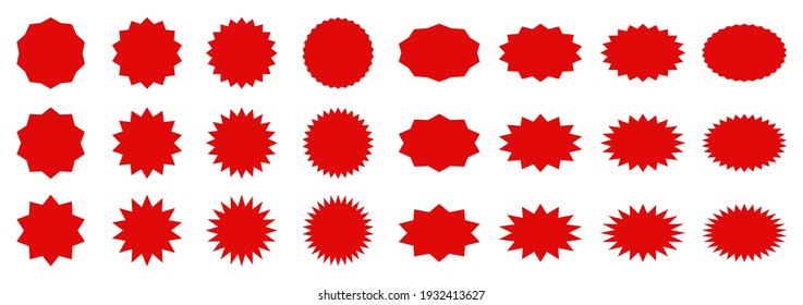 Set of red price sticker, sunburst badges icon. Stars shape with different number of rays. Red starburst speech bubble set, labels, stickers - vector