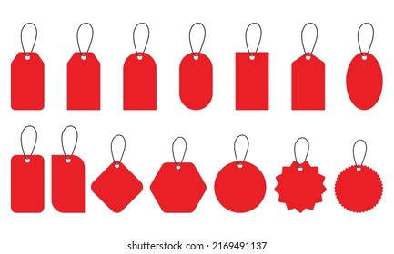 Set with red price tags icons. Blank paper price tag. Empty label tag for shop. Vector 10 EPS.