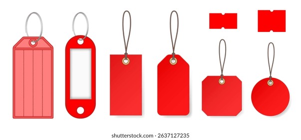 Set of red price tags and keyrings. Price stickers. Luggage tag. Cardboard label for clothes. Key tags with split ring and window. Keychains