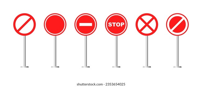 Conjunto de señales rojas prohibidas o no permitidas. Signo de parada redonda. Prohibición, prohibiciones, restricciones de las señales de tránsito.