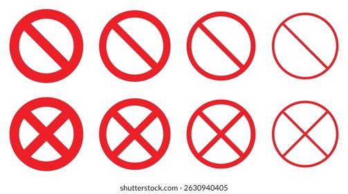 Set of red prohibition and cancel symbols in circle shapes. Includes diagonal and cross lines. Vector illustration for warning, restriction, or error icons. Isolated on white background.