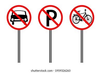 Set of red prohibition sign isolated on white background. Traffic restriction signs. No car, no bicycle or no parking. Collection of regulatory road signs. Do not enter. Stock vector illustration