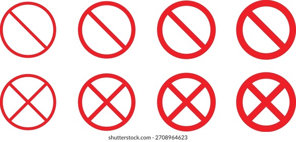 Set of red prohibition sign vector icons for signs, Disallowed or no symbol for public. Vector illustration