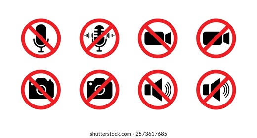 Set of red prohibition signs with black icons indicating no audio, no microphone, no camera, no video.