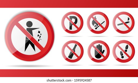Set of Red Prohibition stop sign, warning, no entry, no access symbol, vector graphic illustration, isolated on white background with object trash, parking, alcohol, drinks, smoking