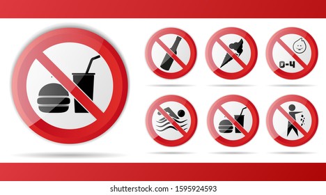 Set of Red Prohibition stop sign, warning, no entry, no access symbol, vector graphic illustration, isolated on white background with object food and drinks, icecream, swimming, garbage, children