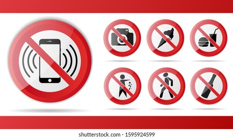 Set of Red Prohibition stop sign, warning, no entry, no access symbol, vector graphic illustration, isolated on white background with object phone, call, camera, photo, icecream, food, drinks, trash