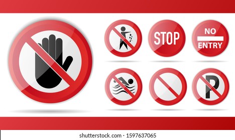 Set of Red Prohibition stop sign, warning, no entry, no access symbol, vector graphic illustration, isolated on white background with object stop, trash, parking, swimming