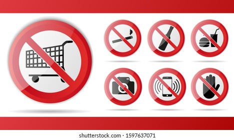 Set of Red Prohibition stop sign, warning, no entry, no access symbol, vector illustration, isolated on background with object trolley, smoking, photo, camera, phone, call, food, drinks, alcohol