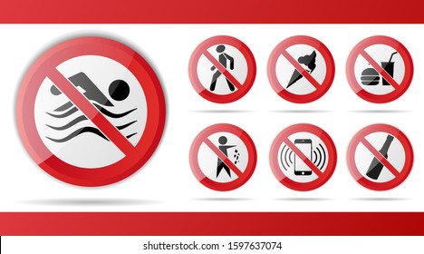 Set of Red Prohibition stop sign, warning, no entry, no access symbol, vector graphic illustration, isolated on white background with object swimming, icecream, food, drinks, alcohol, call, phone